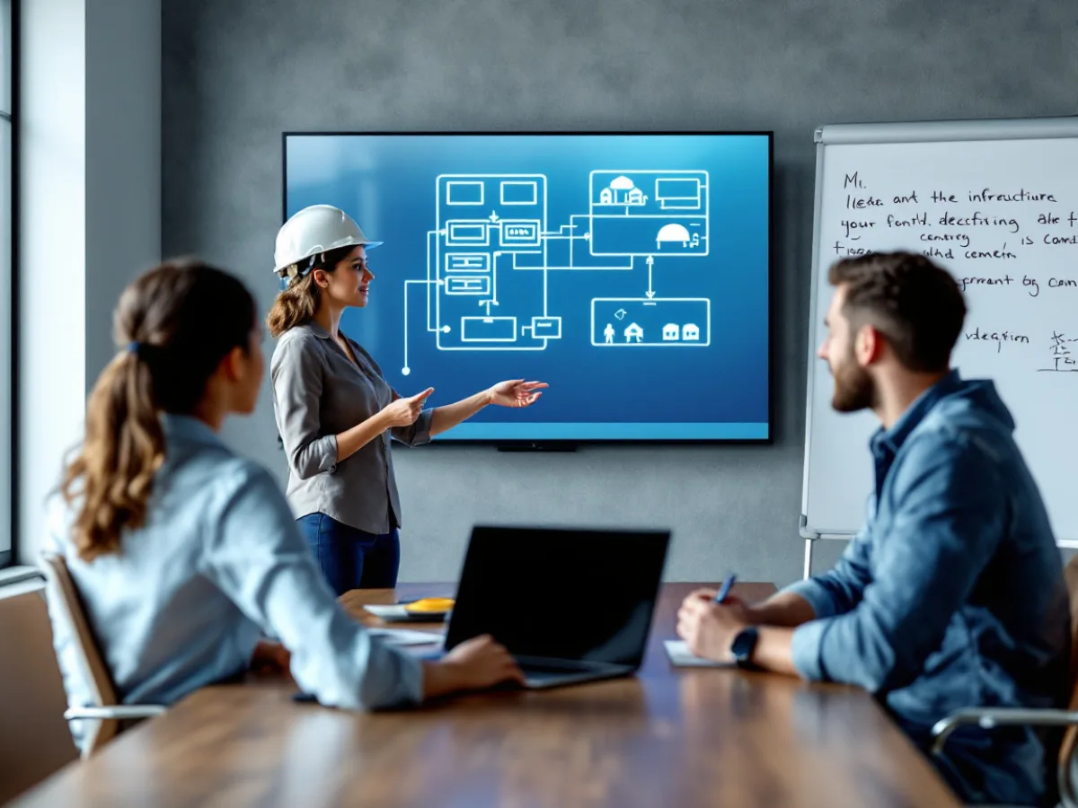 Three colleagues in a construction company conference room reviewing an infrastructure diagram on a wall display