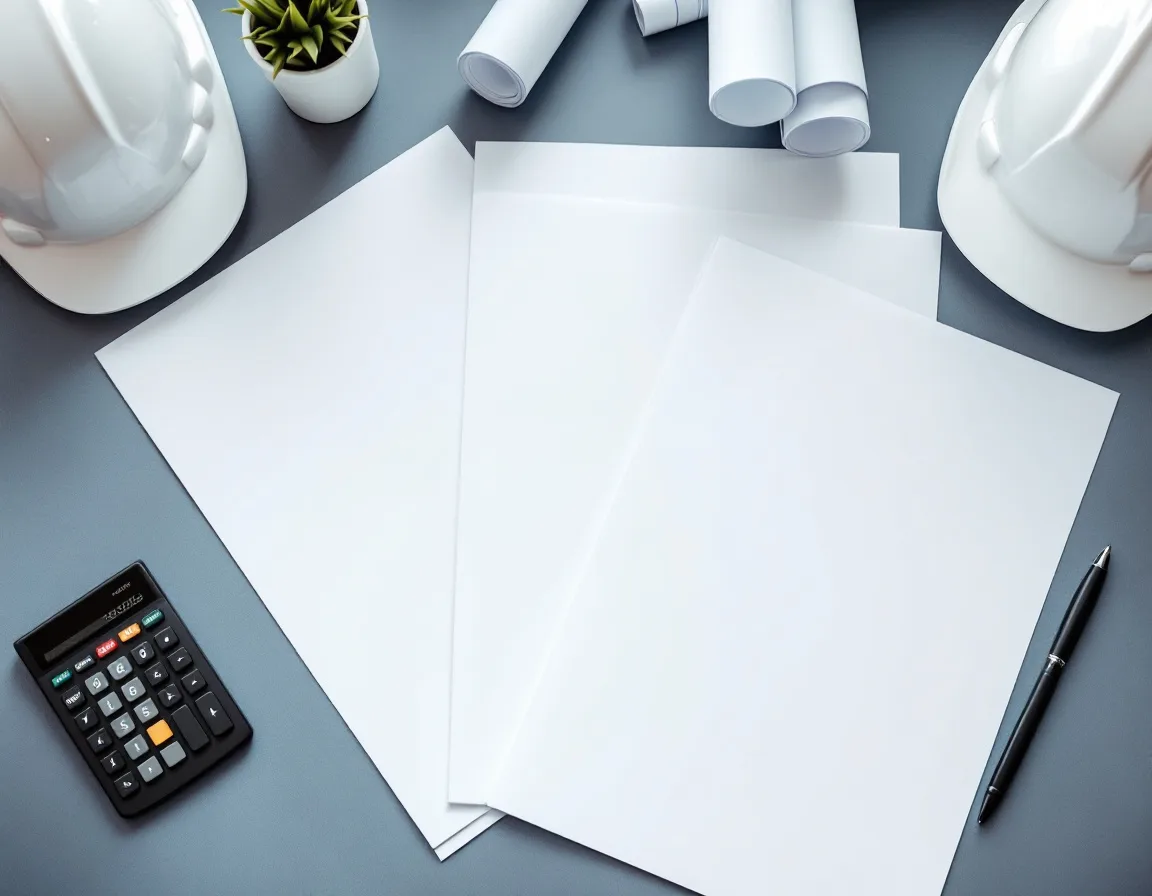 Three printed IT service proposals fanned across a construction company desk beside a calculator and a hard hat