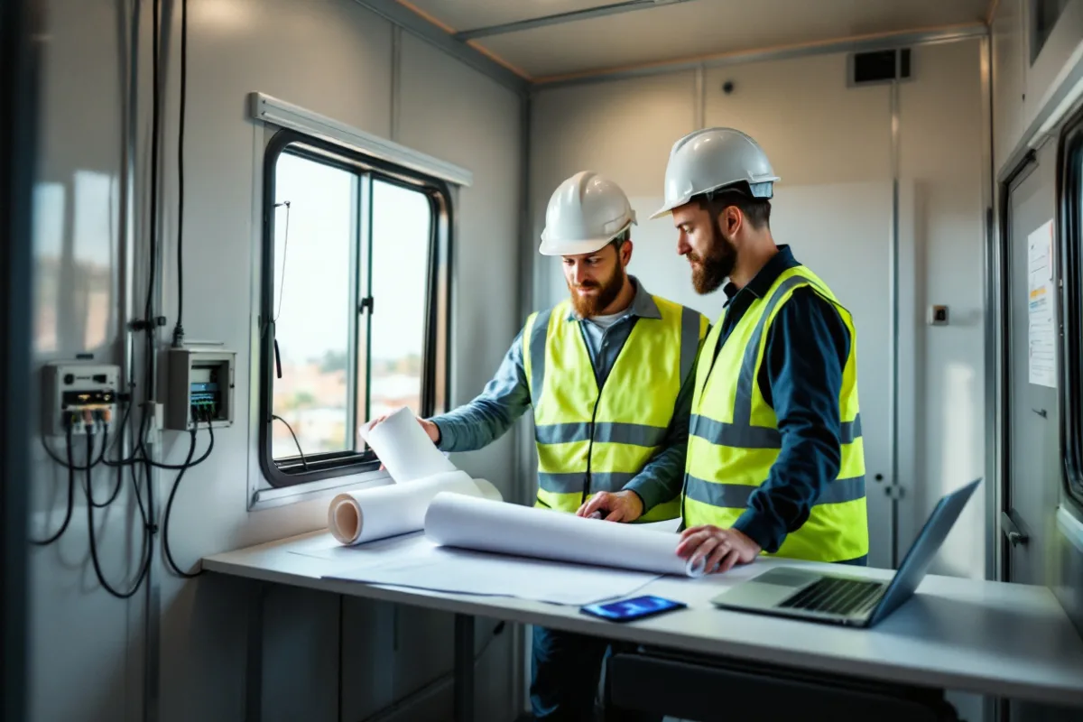 Project manager and project engineer reviewing drawings inside a Dallas construction jobsite trailer beside a wall-mounted network cabinet