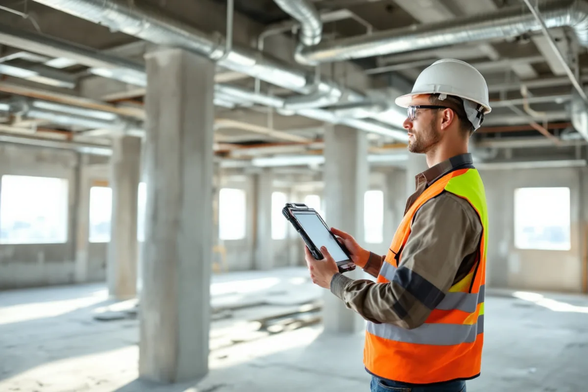 Construction superintendent in a hard hat and high-visibility vest documenting overhead mechanical work on a rugged tablet inside a Houston building under construction