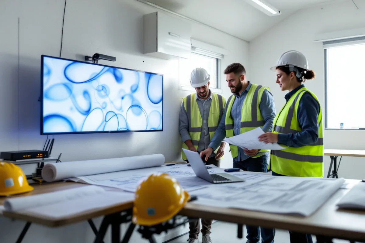 Project manager and engineer reviewing drawings inside a Houston construction jobsite office trailer beside a wall-mounted network cabinet