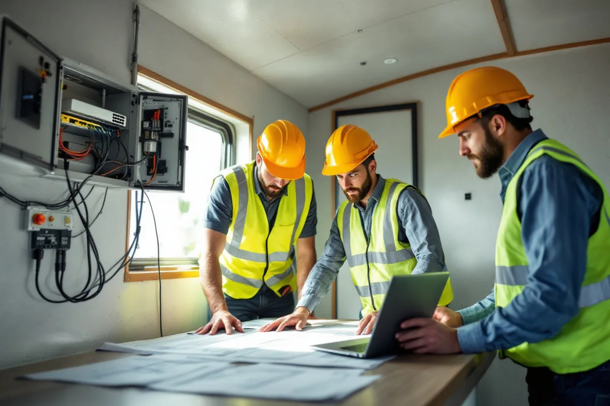 Project manager and project engineer reviewing drawings inside a San Antonio construction jobsite trailer beside a wall-mounted network cabinet