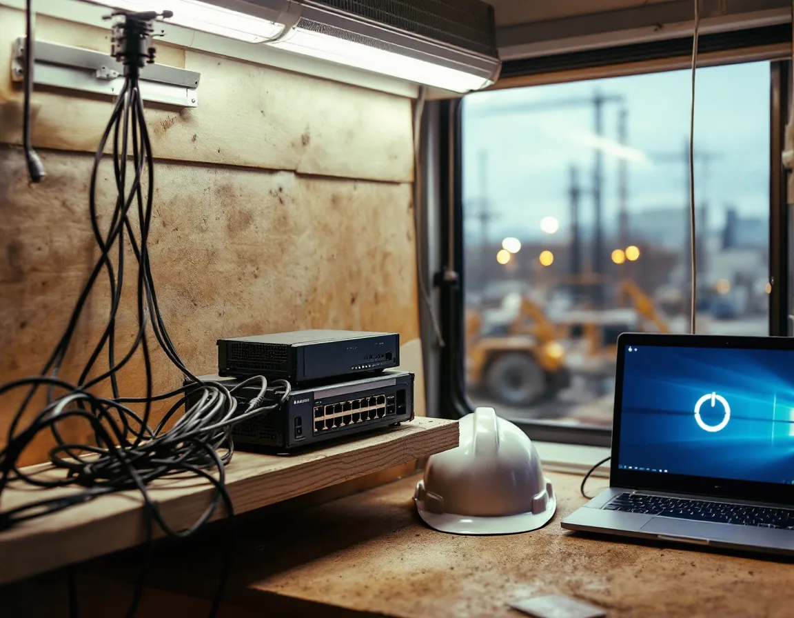 Network router and switch on a plywood shelf inside a construction site office trailer with cables taped along the window
