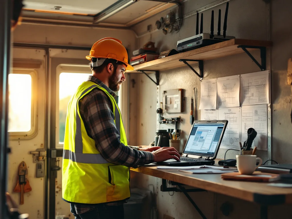 Site superintendent in a high-visibility vest working on a rugged laptop in a jobsite trailer beside a cellular router