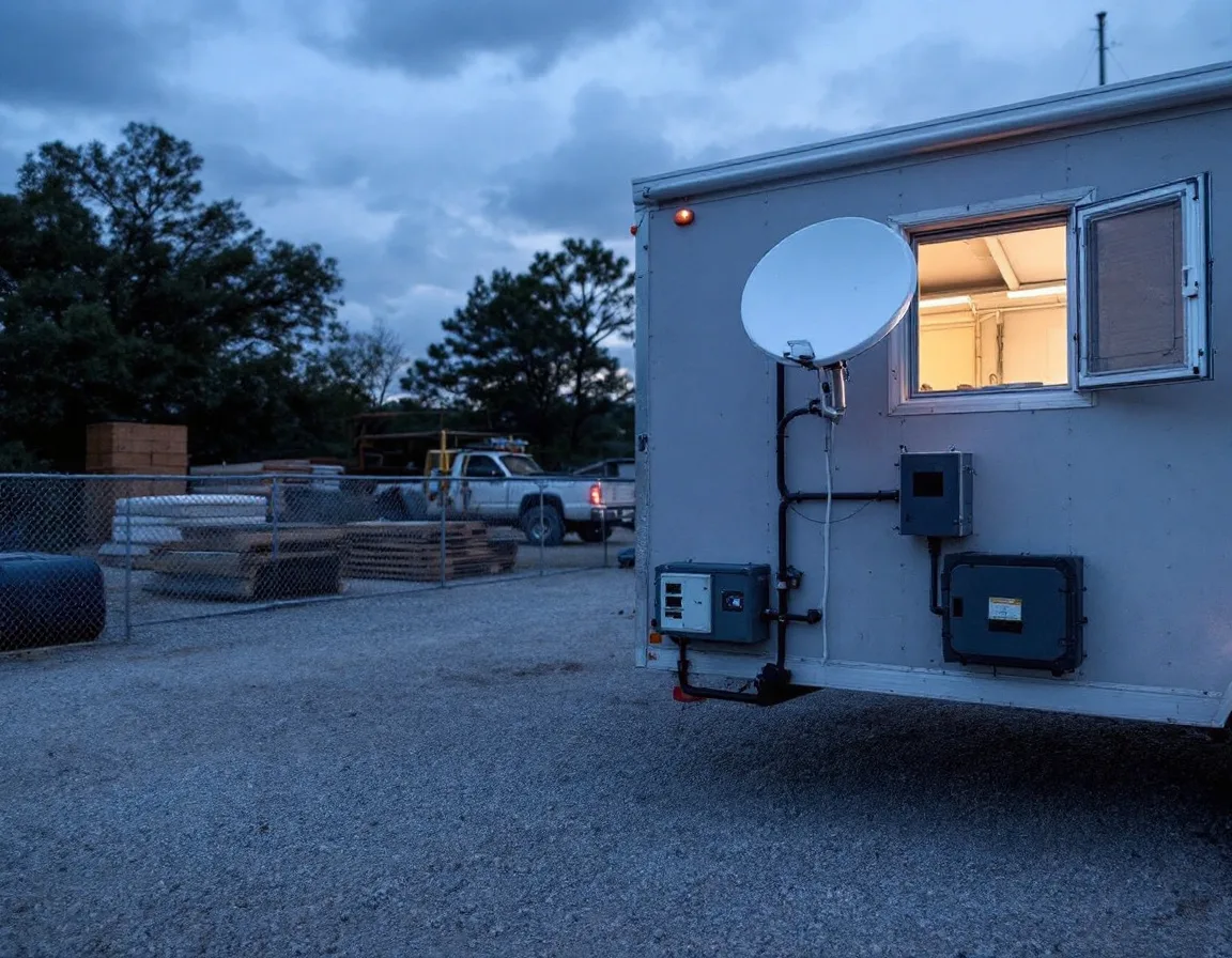 Construction jobsite trailer at dusk with a weatherproof network enclosure and satellite internet dish mounted on the exterior wall