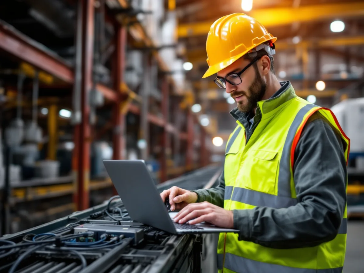 A network engineer in a hard hat and hi-vis vest performing a network assessment with a laptop inside an industrial materials facility