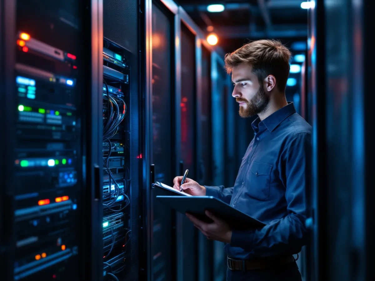 An IT consultant with a laptop assessing an aging on-premises server rack and network switches in a small business server room