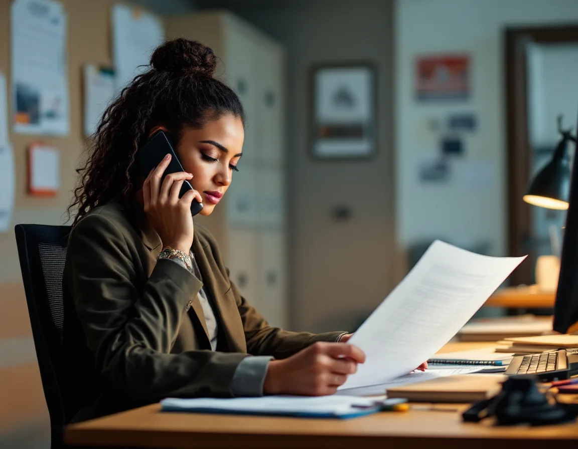 Construction accounts payable manager on the phone verifying a subcontractor banking change against a printed pay application
