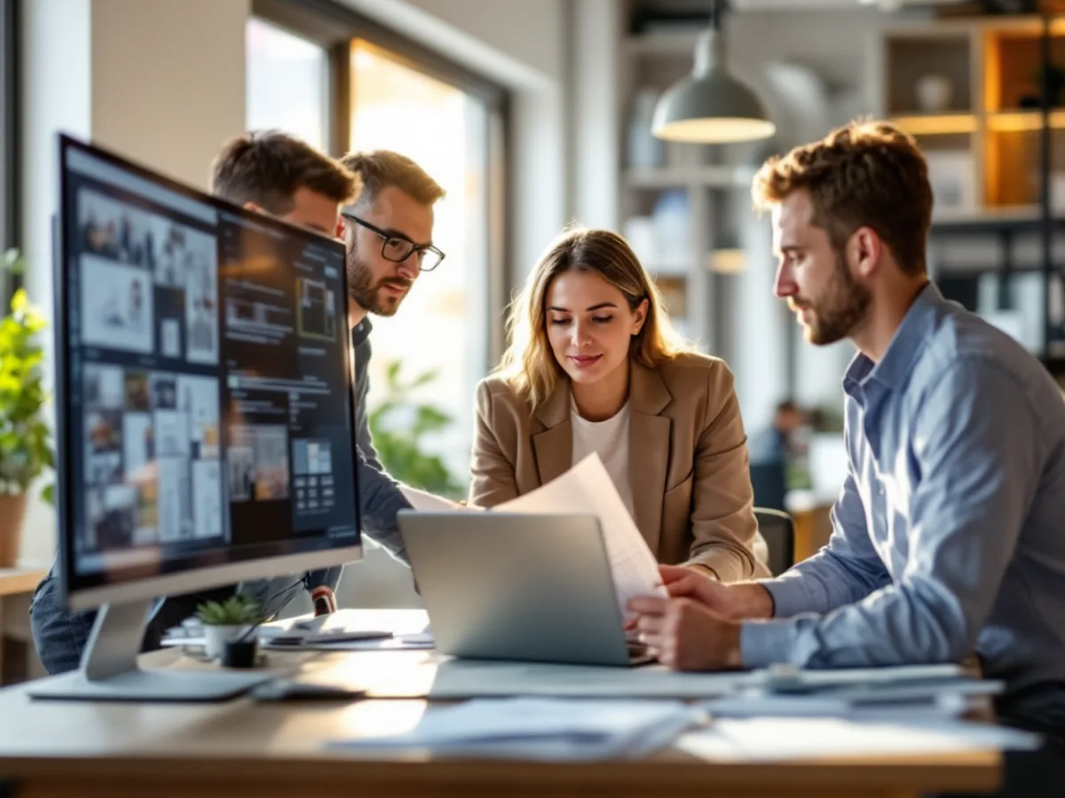 Three construction company office staff collaborating around a laptop and monitor while reviewing organized project document folders in a bright office