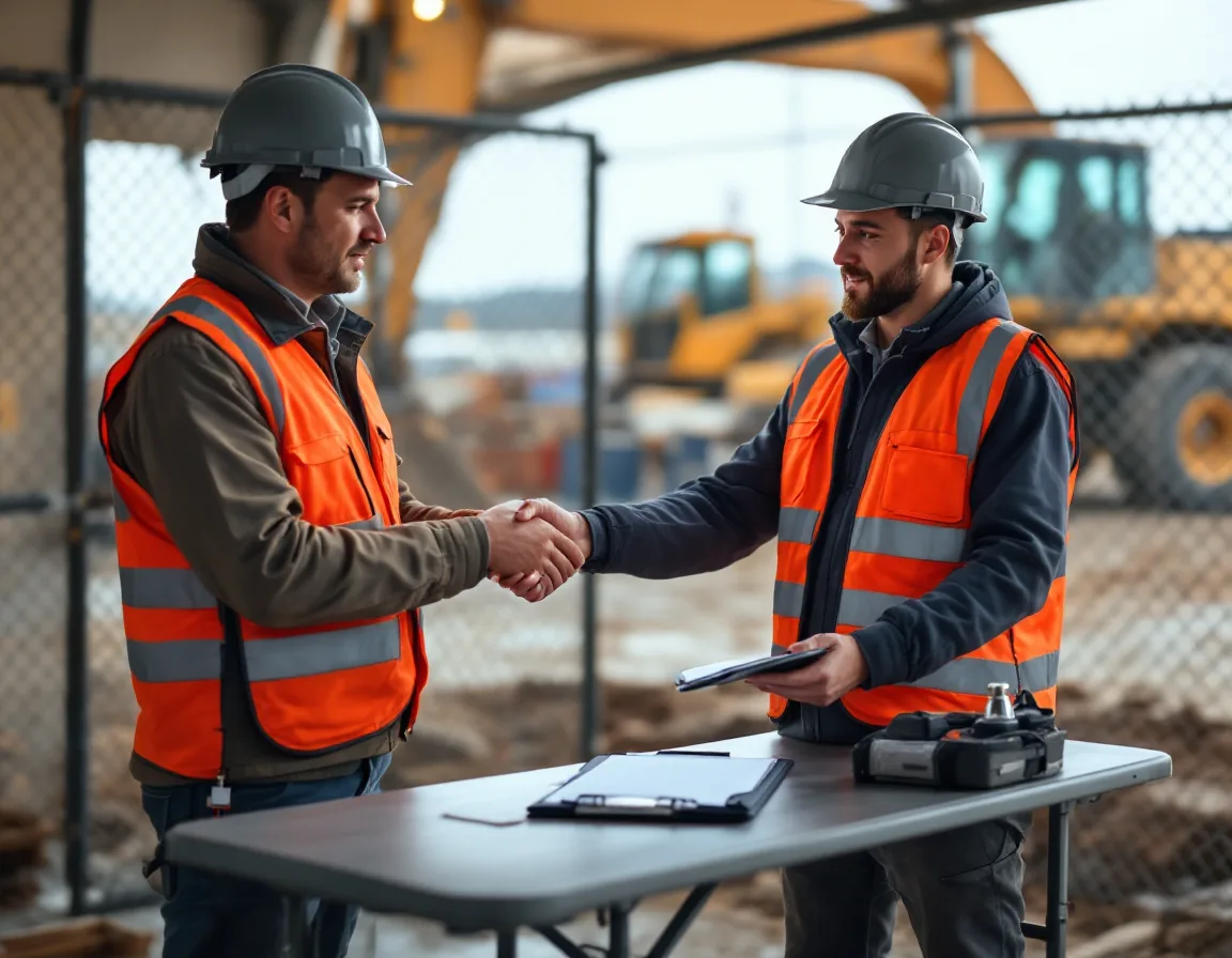 Construction superintendent handing a rugged tablet and badge back across a table at a job site gate during demobilization