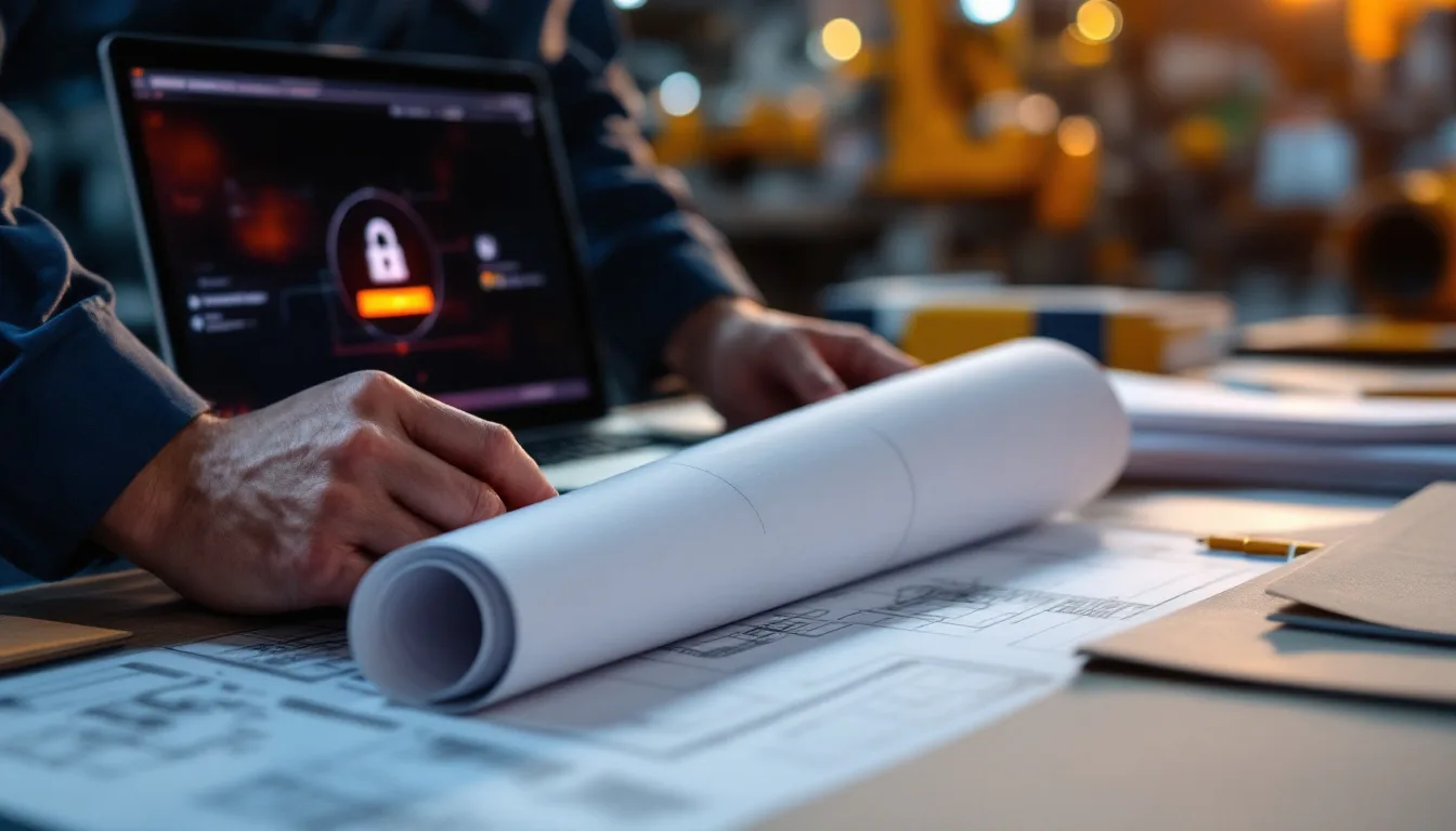 Engineering blueprints and a secured laptop on a manufacturing workbench showing where controlled unclassified information lands
