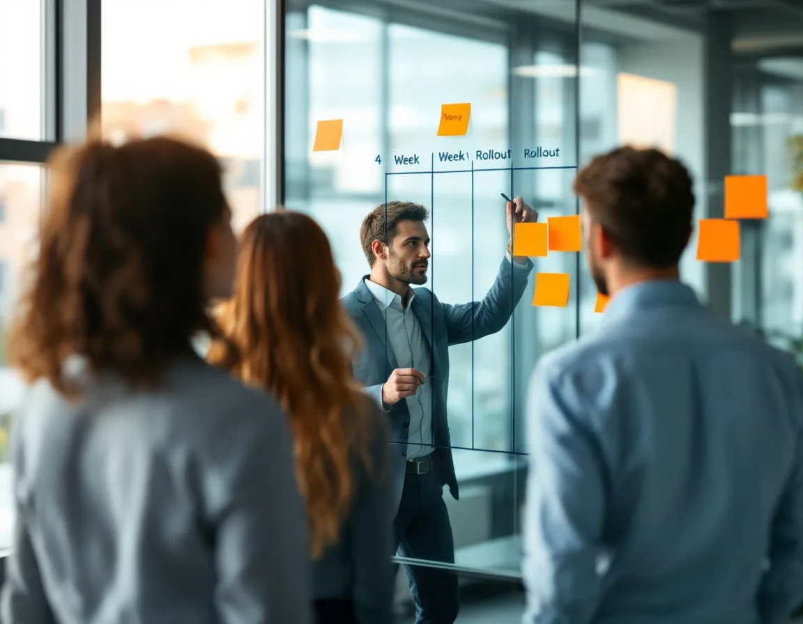 Project team mapping a four-week Microsoft 365 Copilot permissions cleanup plan on a glass whiteboard in a Texas office