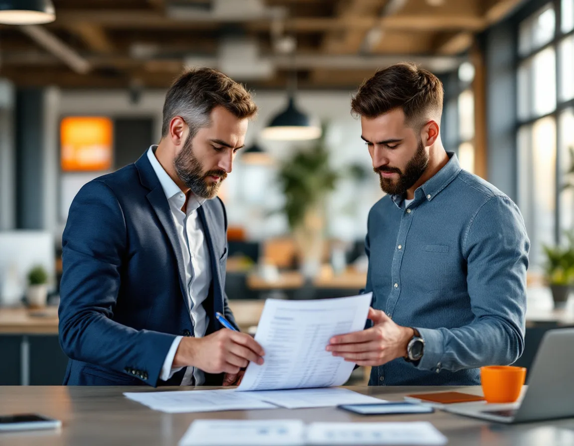 Department manager and IT consultant annotating a printed SharePoint access list during a site access review before enabling Copilot