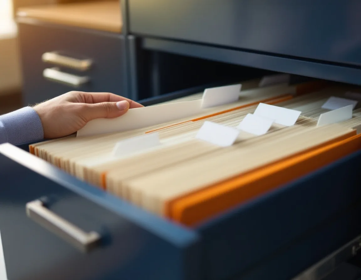 Hand leafing through unlabeled file folders, representing shared mailboxes and file server content Copilot cannot index