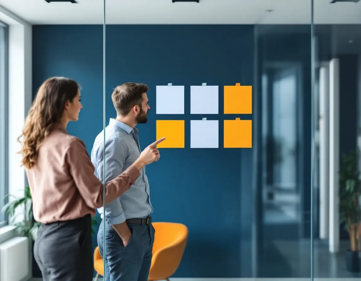 Two colleagues reviewing a grid of blank cards on glass, representing a SharePoint oversharing baseline review