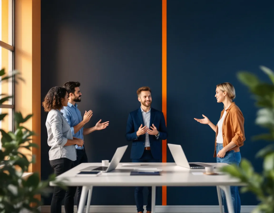 Small Copilot pilot group standing for a check-in beside a navy wall with an orange accent stripe