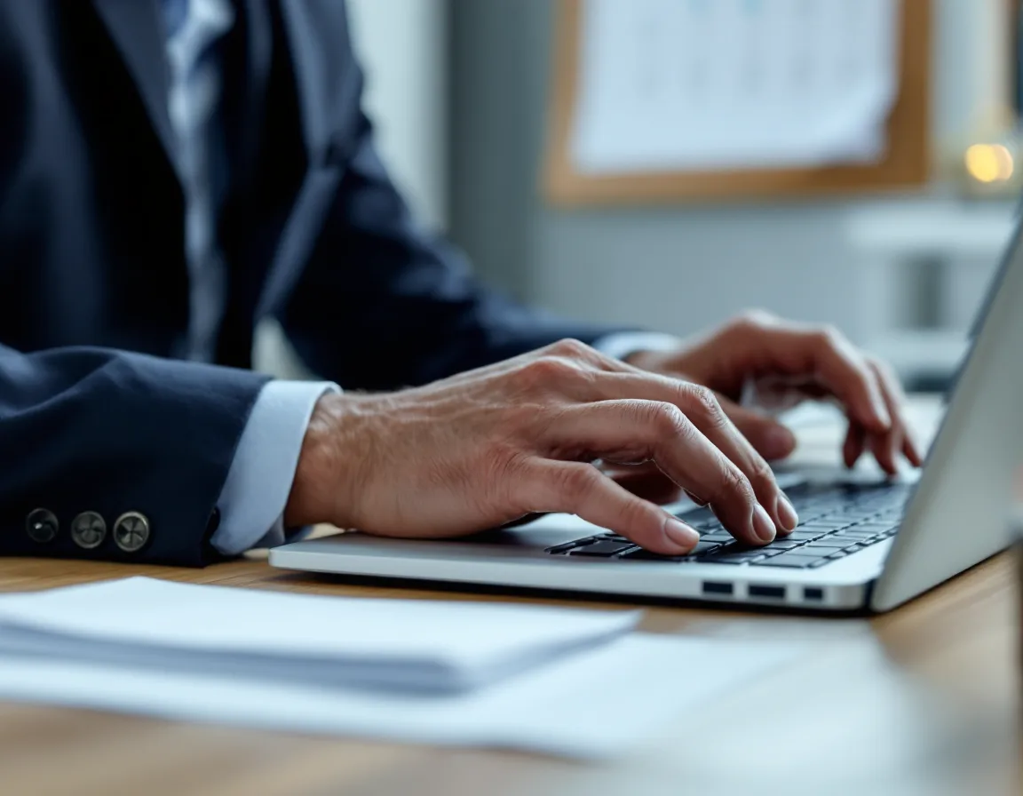 Business owner working at a laptop beside printed paperwork while reviewing Microsoft licensing renewal dates