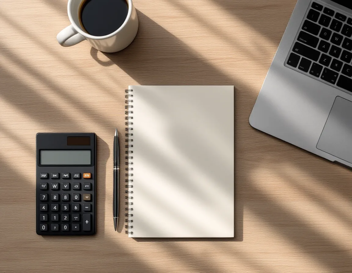 Desk flat lay with a calculator, blank notepad, pen and laptop set up to build a per-user managed IT budget