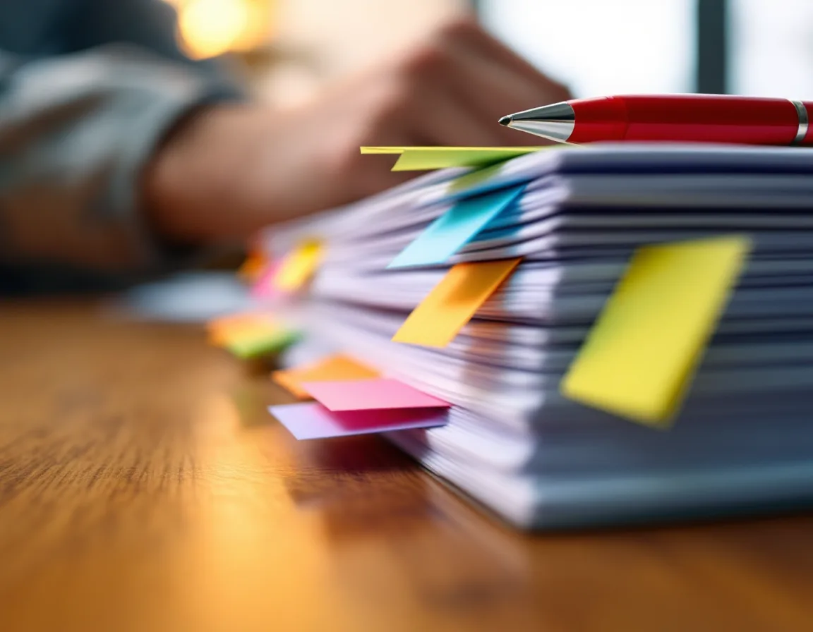 Thick managed services agreement flagged with coloured sticky tabs and a red pen ready for contract redlines