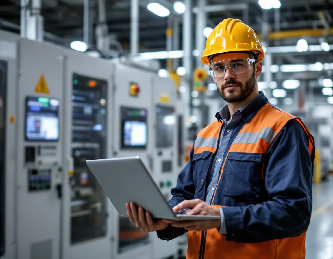 Technician with a laptop on a Fort Worth manufacturing floor checking networked production equipment