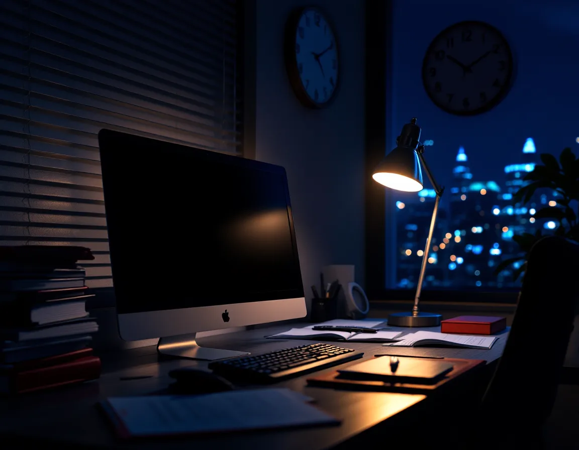 Dark law office workstation during an after-hours system outage with case files and a wall clock near midnight