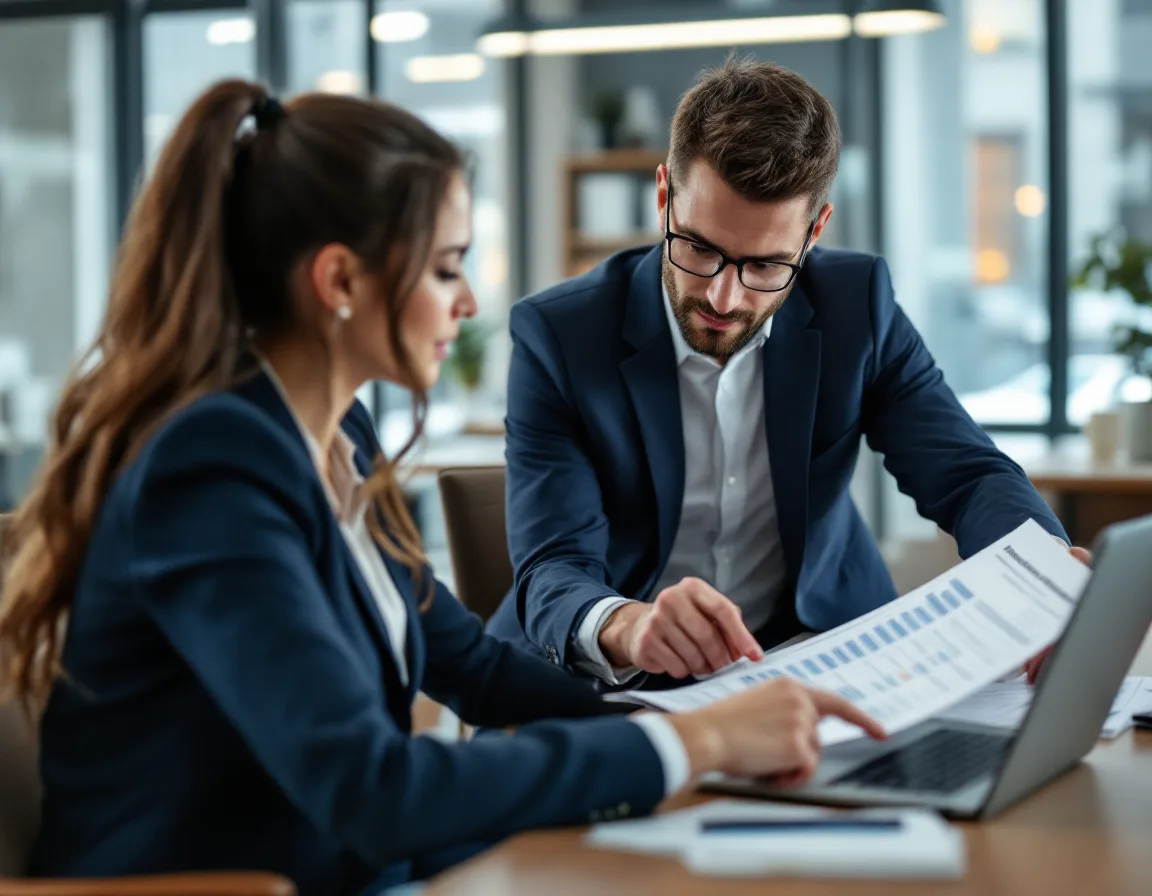 Two law firm administrators reviewing an annual technology budget spreadsheet on a laptop