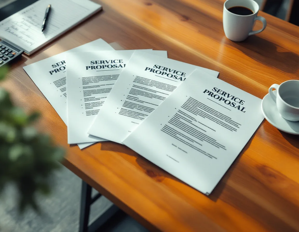 Three printed managed IT service proposals fanned across a Dallas law office conference table with a calculator