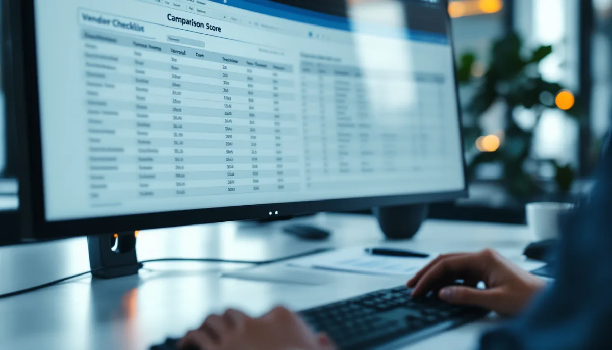 Weighted scoring spreadsheet comparing Dallas MSP criteria and scores on a desktop monitor