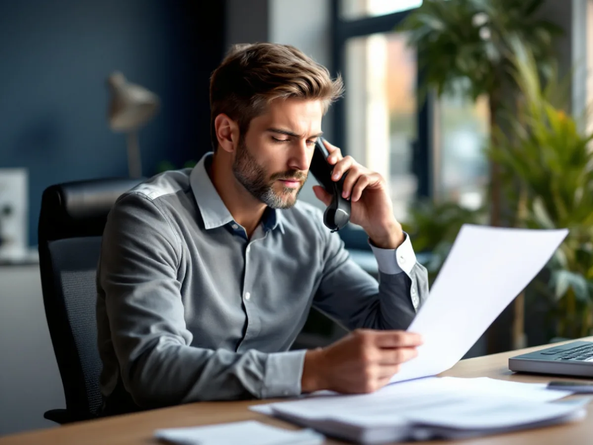 Construction company accounting manager on a desk phone verifying paperwork before releasing a subcontractor payment