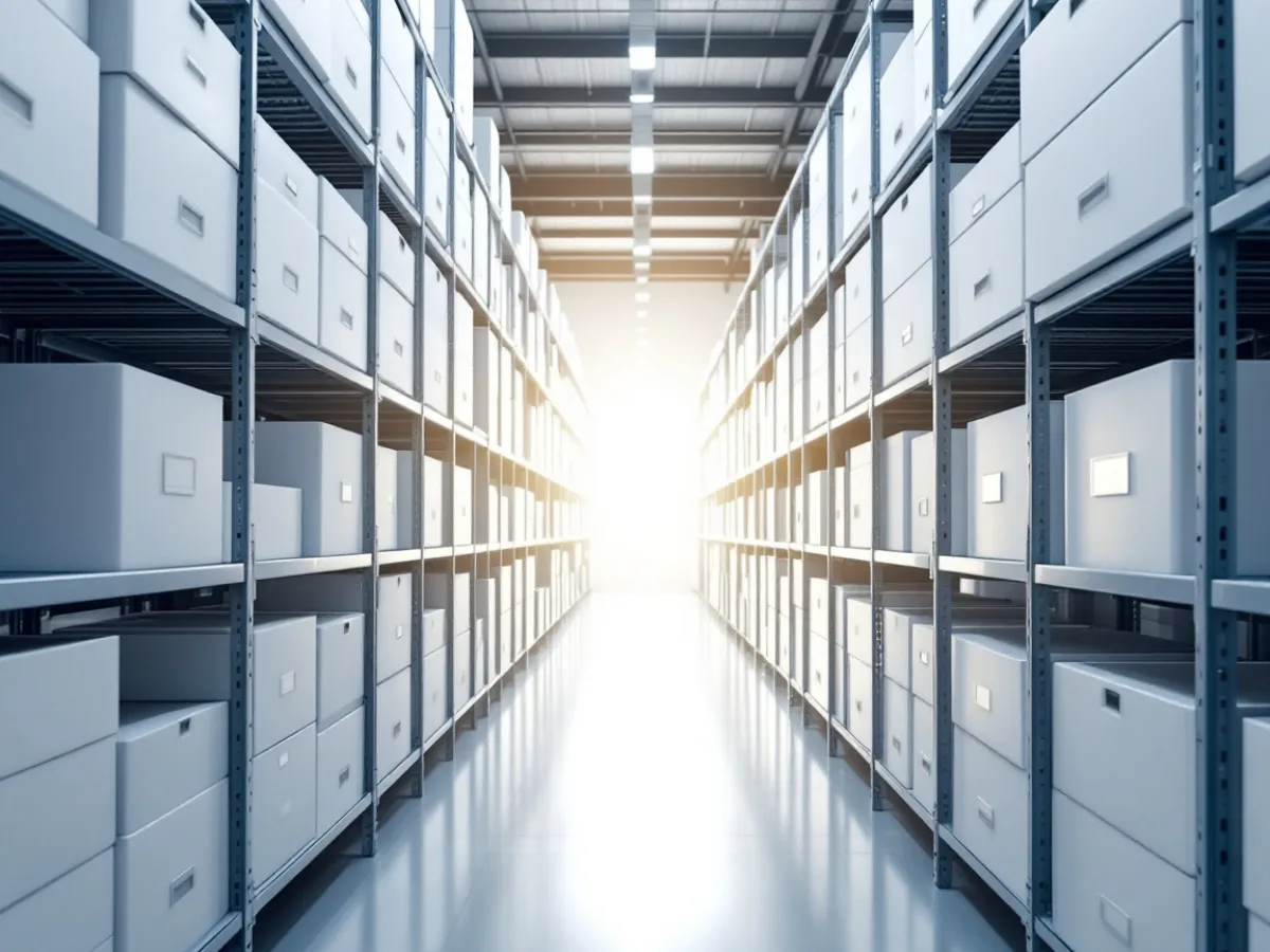 Long aisle of metal archive shelving filled with plain document storage boxes in a brightly lit records room