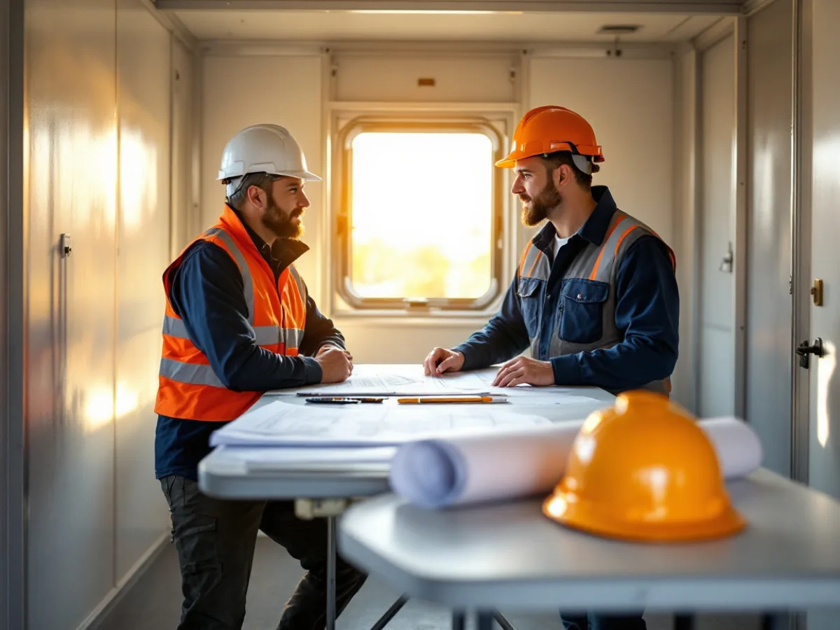 Project manager and site superintendent reviewing drawings across a folding table inside a bright jobsite office trailer