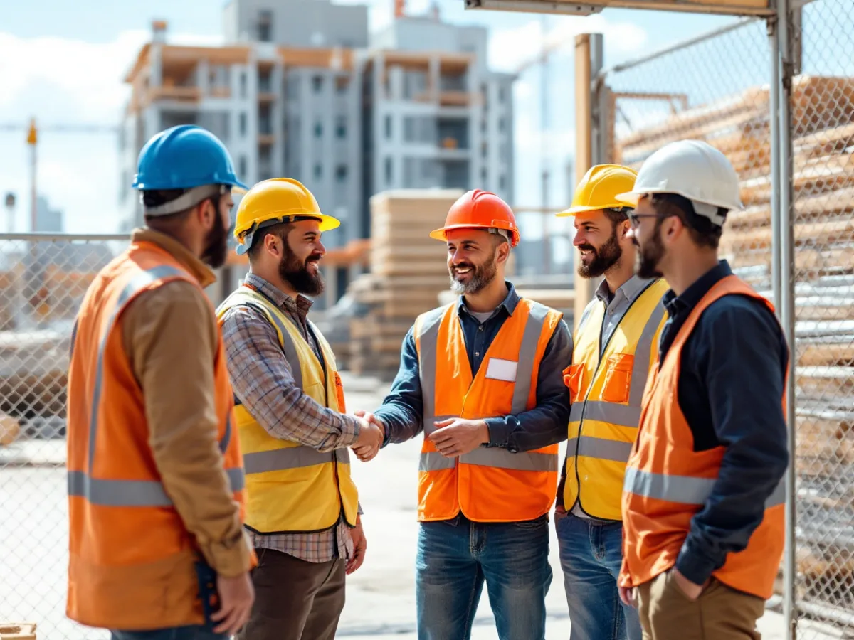Five construction professionals from different companies wearing different colored hard hats meeting at a jobsite entrance gate