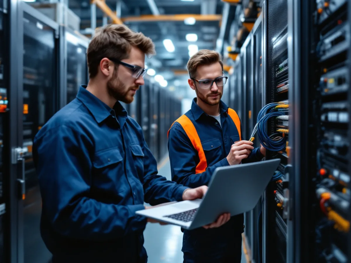 Internal IT technician and an external support engineer working together at a plant network cabinet