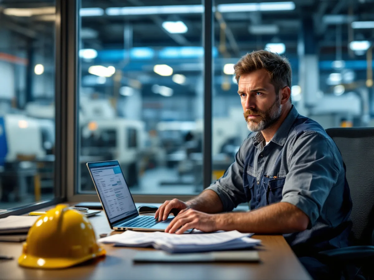 Plant manager comparing an IT quote against a salary in a manufacturing office overlooking the production floor