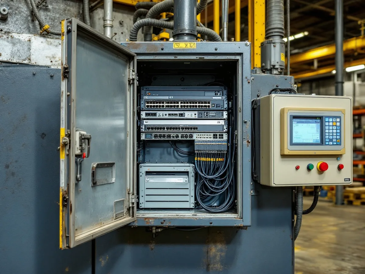 Industrial control cabinet with a network switch and PLC rack beside a legacy operator HMI panel