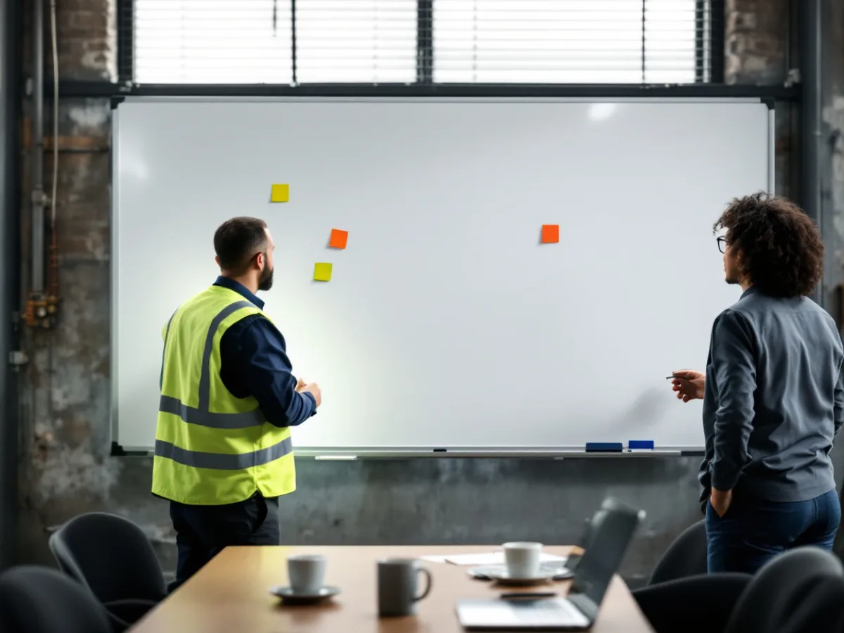 Plant leaders mapping shift coverage against IT availability on a conference room whiteboard