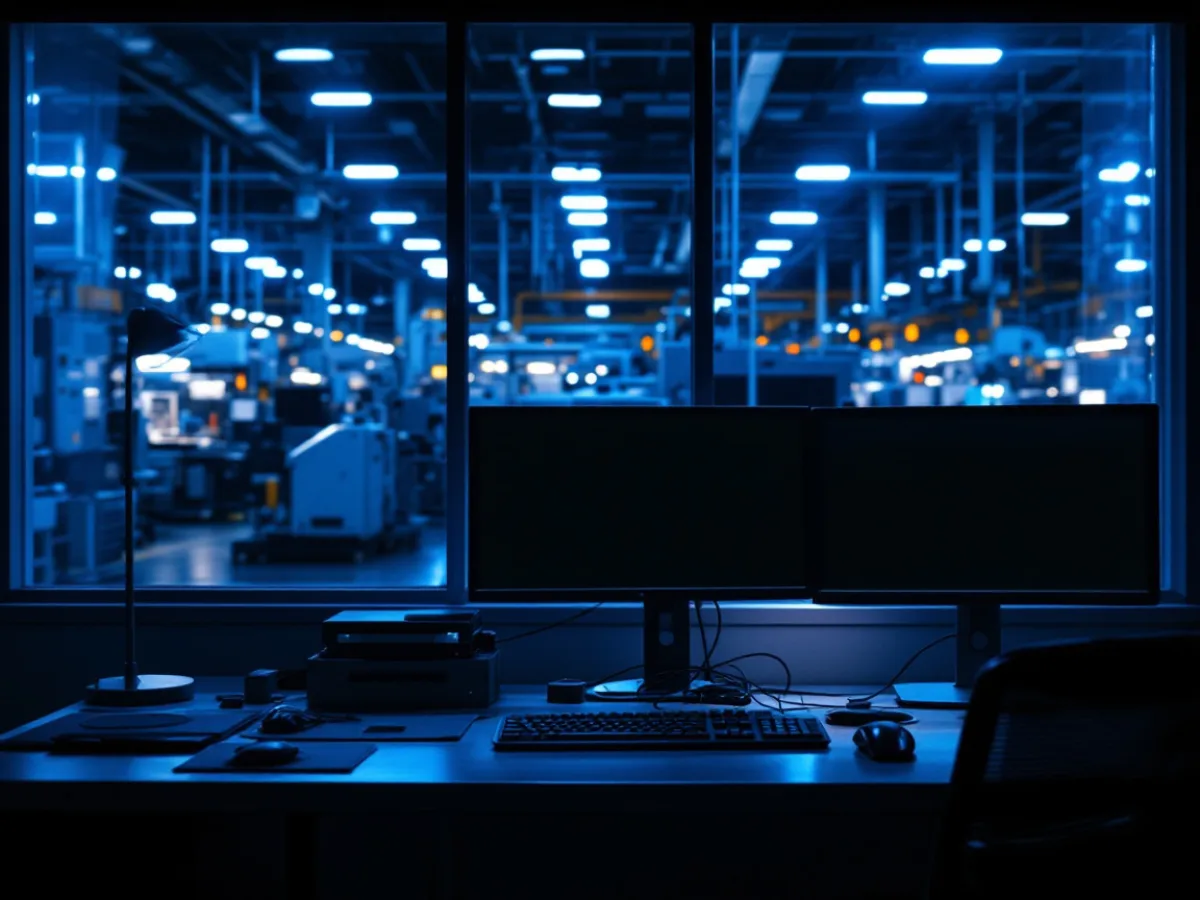 Empty IT support desk at night inside a manufacturing plant while the production floor is still running