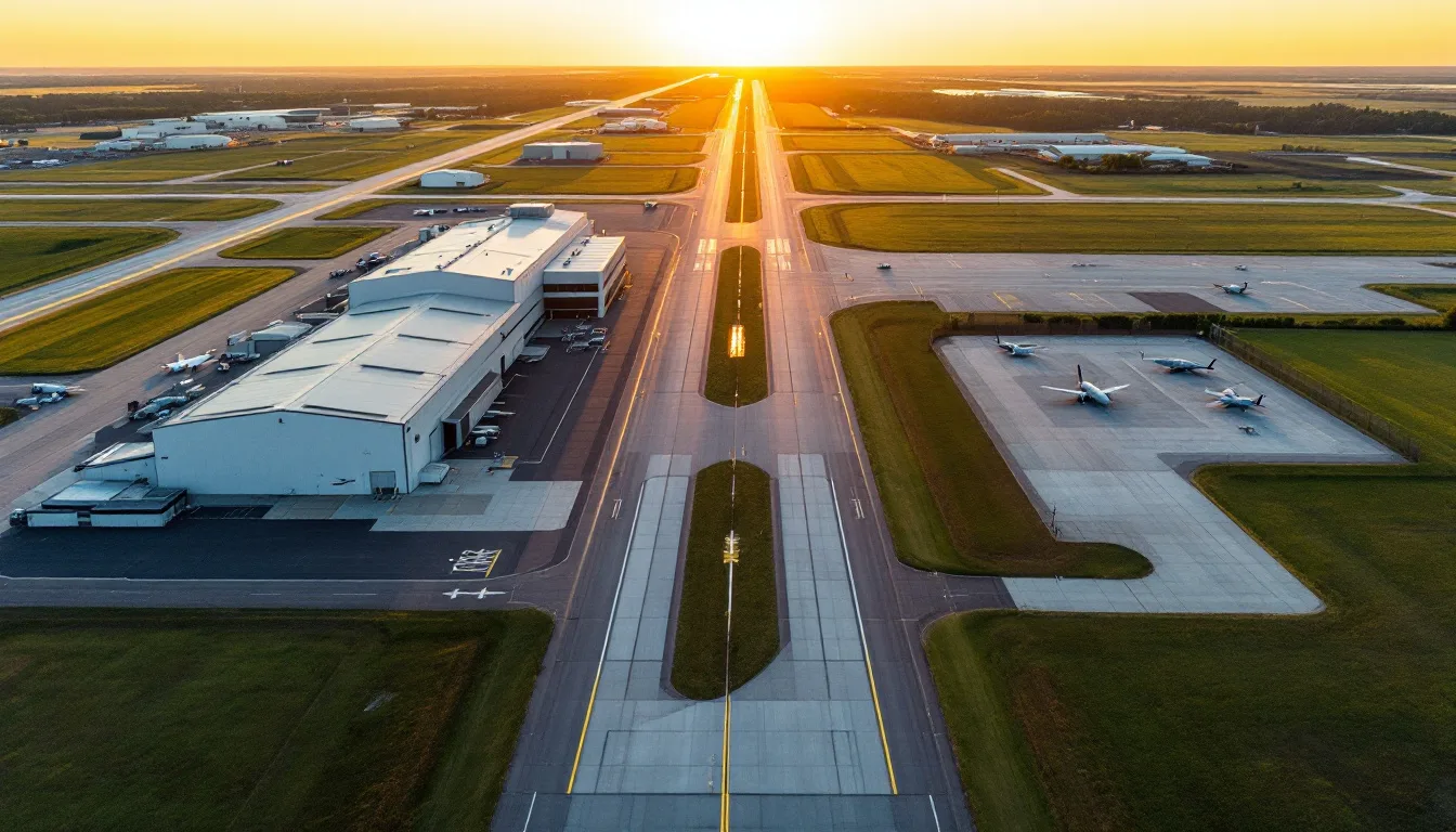 Aerial view of a Texas coastal airfield with commercial aerospace hangars on one side and a separate military apron on the other