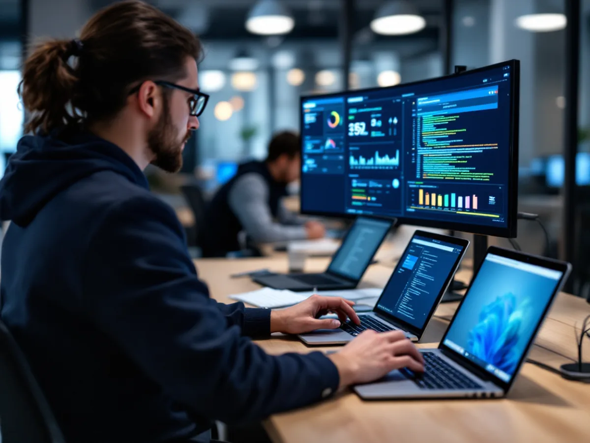 An IT engineer at a desk preparing several new laptops for cloud device enrollment with a security dashboard displayed on the monitor behind