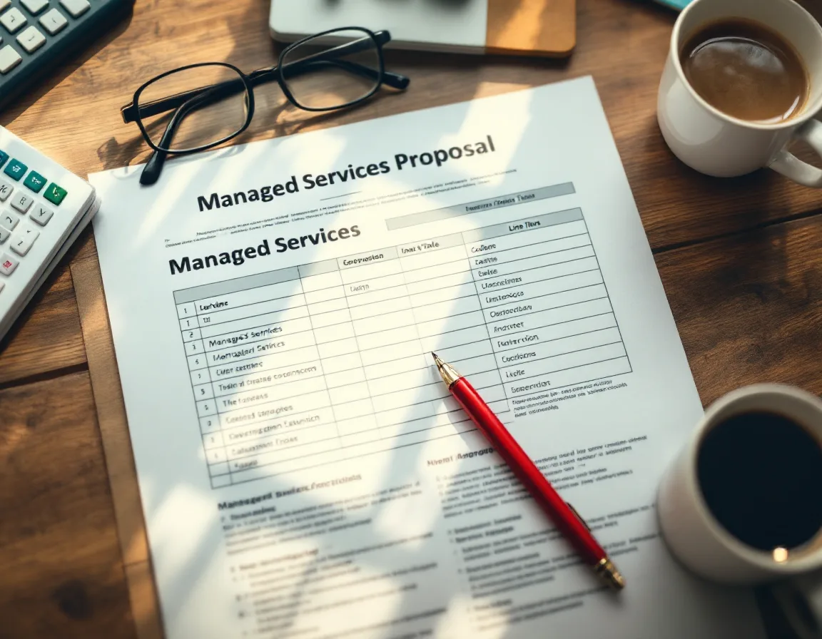 Printed MSP proposal on a desk with a red pen circling a security line item