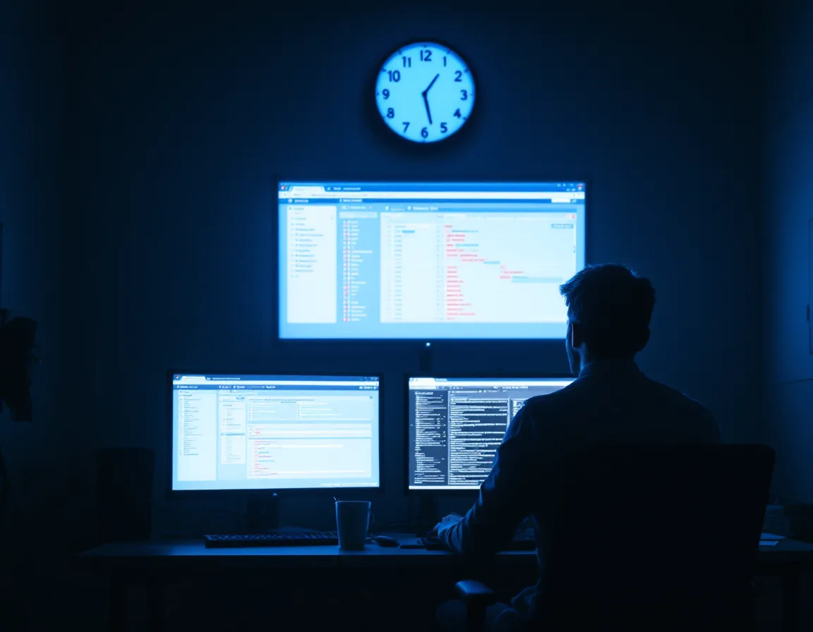 Lone security analyst watching endpoint alert queues in a dim operations room after 2 a.m.