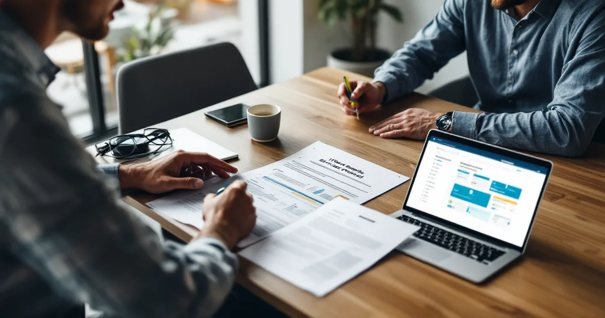 Business owner and IT advisor reviewing a managed services security proposal across a conference table