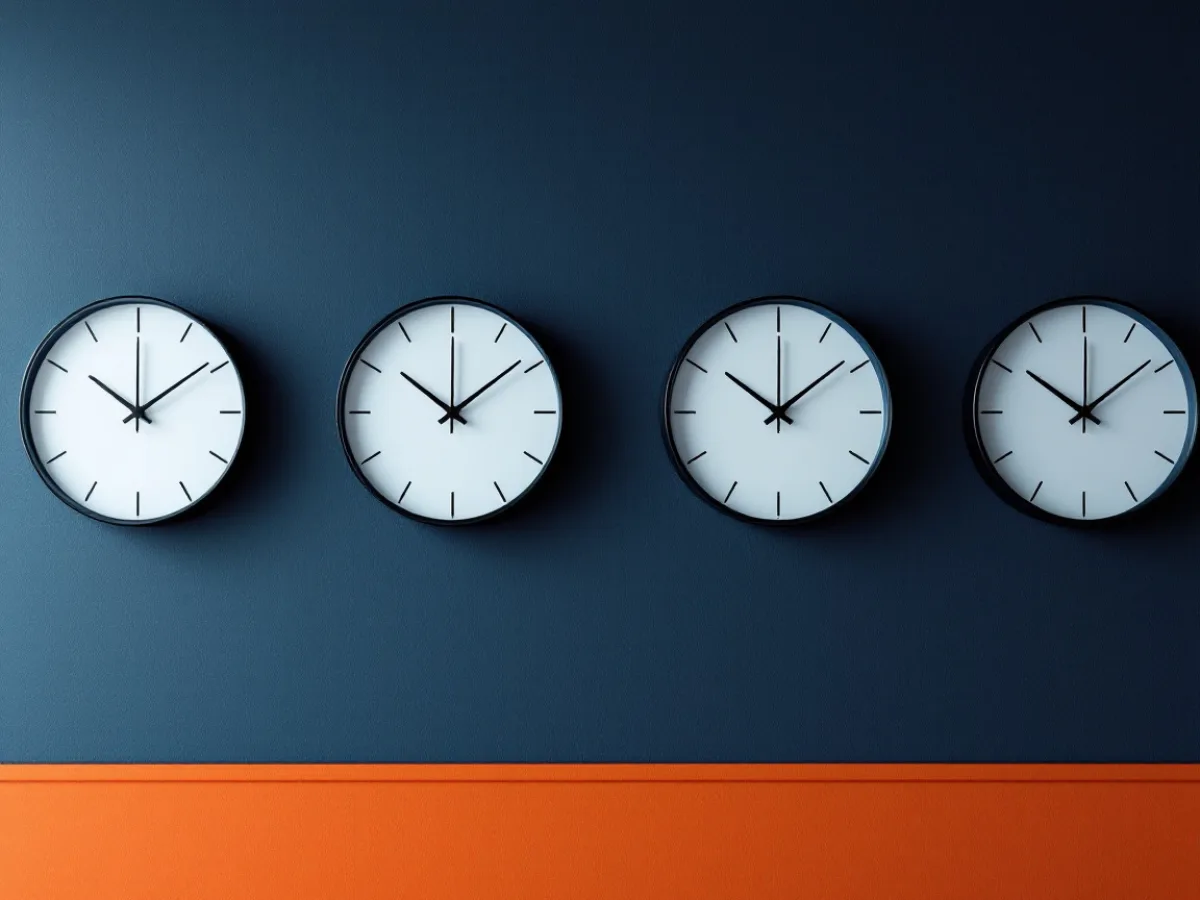 Four analog wall clocks in a row on a navy office wall each showing a different time, representing four separate breach notification deadlines