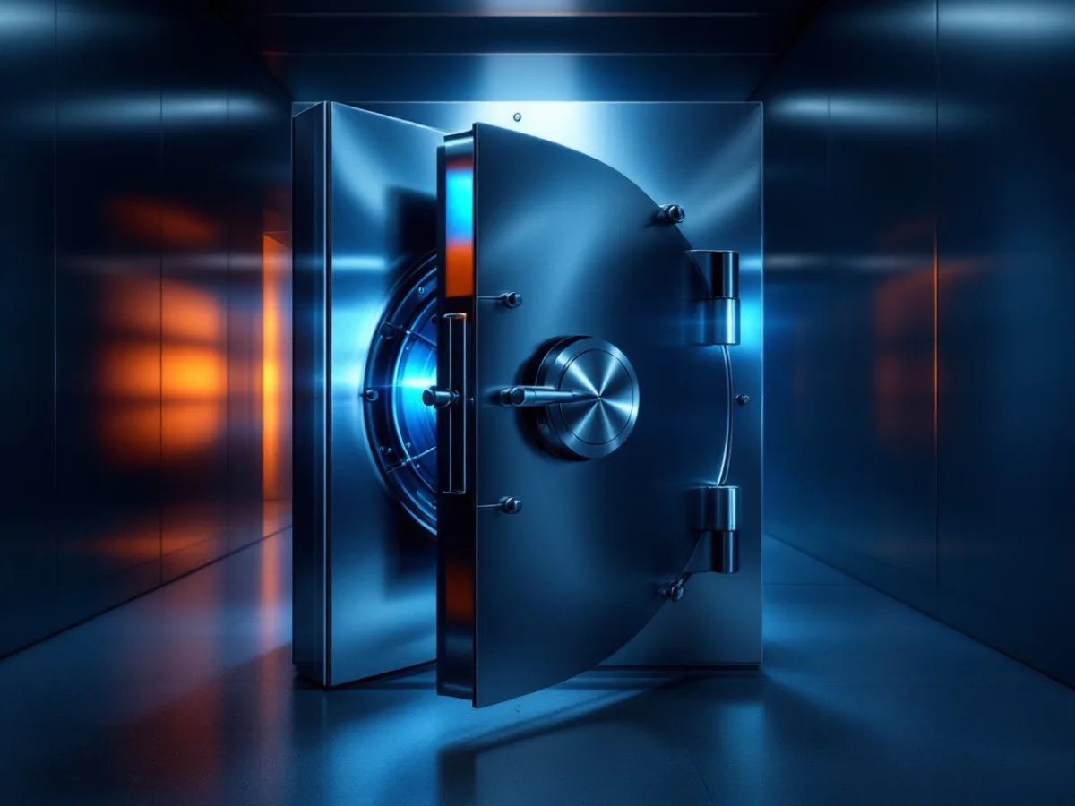 Heavy steel bank vault door standing partly open in a darkened corridor, illustrating encryption of customer information at rest