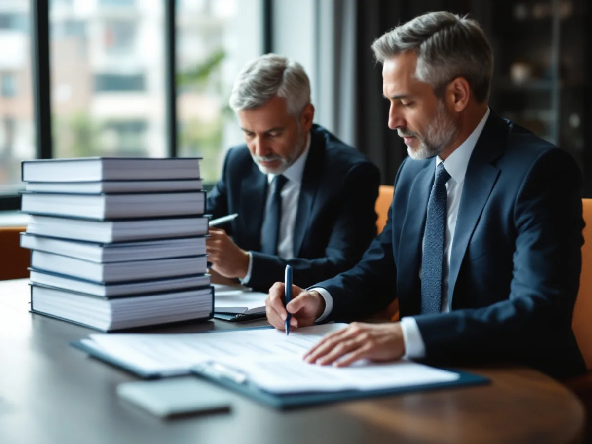 Compliance officer and firm principal working through stacked regulation binders and printed rule documents at a Dallas conference table