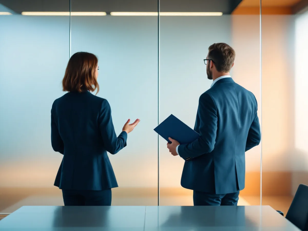 Two financial services executives standing in a glass meeting room discussing a third party vendor review, one holding a closed navy folio