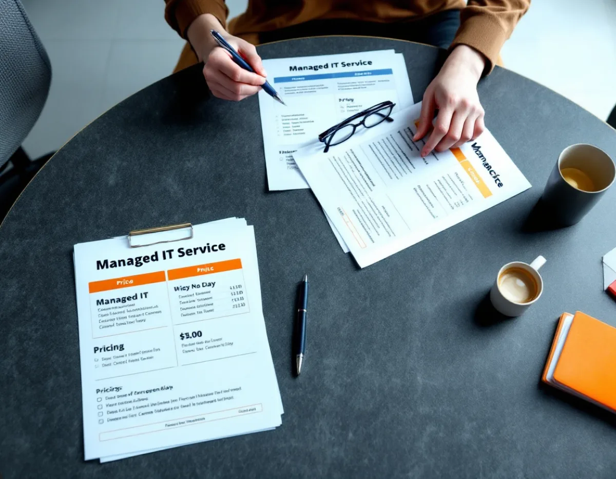 Three Fort Worth managed IT proposals spread across a conference table with different pricing structures