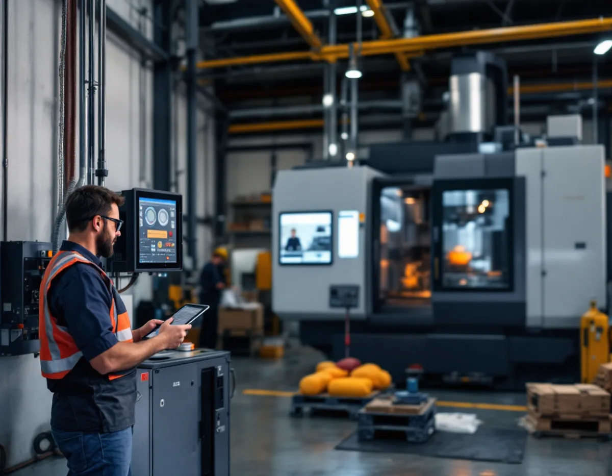 A Texas machine shop floor with an industrial computer terminal and network cabinet subject to CMMC requirements