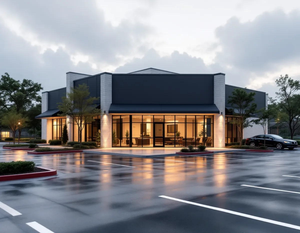 A small Fort Worth office park housing tenant suites on an overcast morning