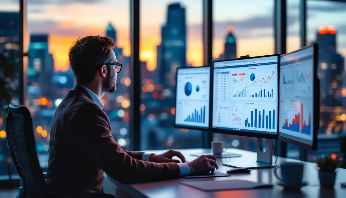 Analyst reviewing Harris County Department of Defense prime contract spending data on dual monitors